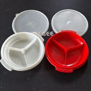 Tupperware Red and White 3-Compartment Round Food Containers with Clear Lids
